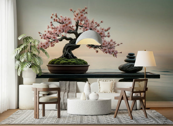 Zen Blossom Balance wallpaper mural of a pink cherry blossom bonsai and zen stones above a white sofa