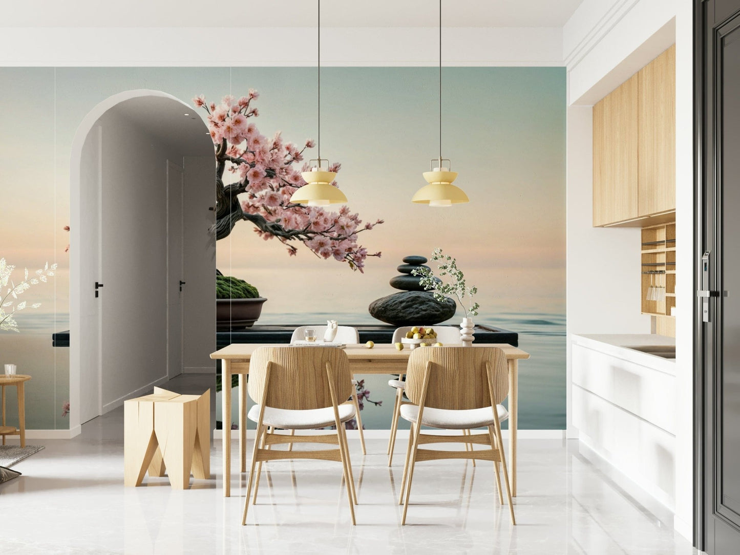 Zen Blossom Balance wallpaper mural of a blossom bonsai and stones behind a light wood dining table in a kitchen