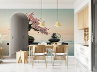 Zen Blossom Balance wallpaper mural of a blossom bonsai and stones behind a light wood dining table in a kitchen