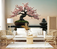 Zen Blossom Balance wallpaper mural of a cherry bonsai behind a white sofa flanked by rattan armchairs