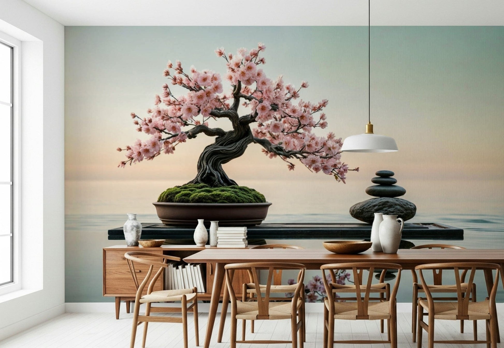 Zen Blossom Balance wallpaper mural of a blossom bonsai over calm water behind a walnut dining table