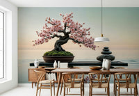 Zen Blossom Balance wallpaper mural of a blossom bonsai over calm water behind a walnut dining table