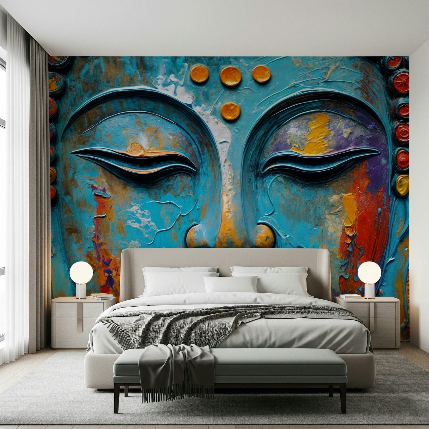 Realistic carved stone Buddha mural for a spa-style bathroom decor.