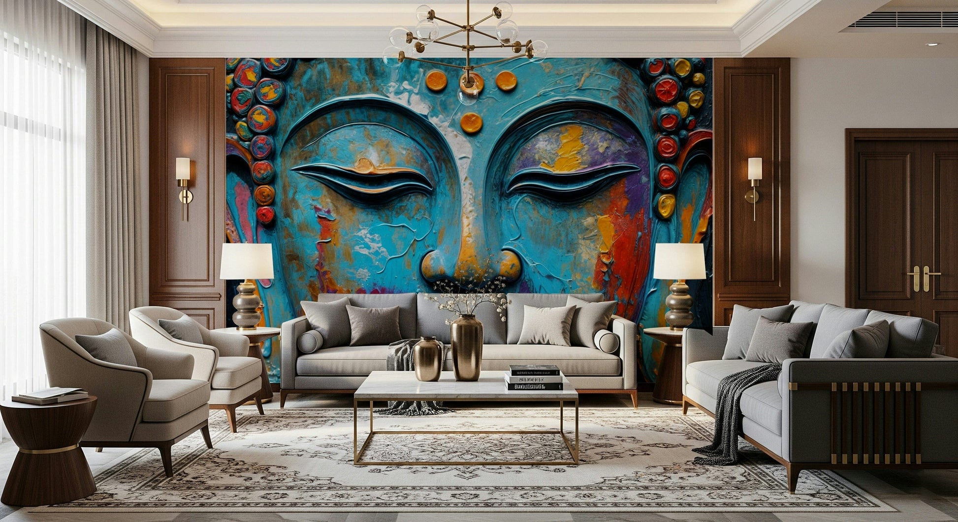 Peaceful meditating figure mural in a bright and airy sunroom.
