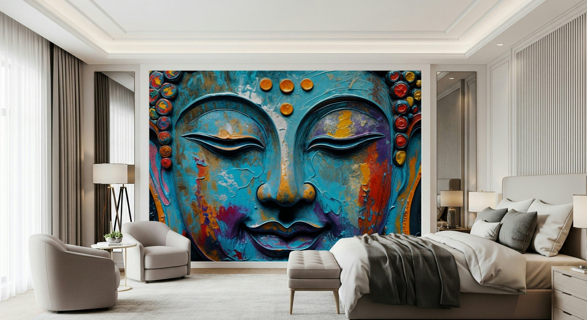 Golden Buddha wall decor for a calm and minimalist bedroom feature wall.