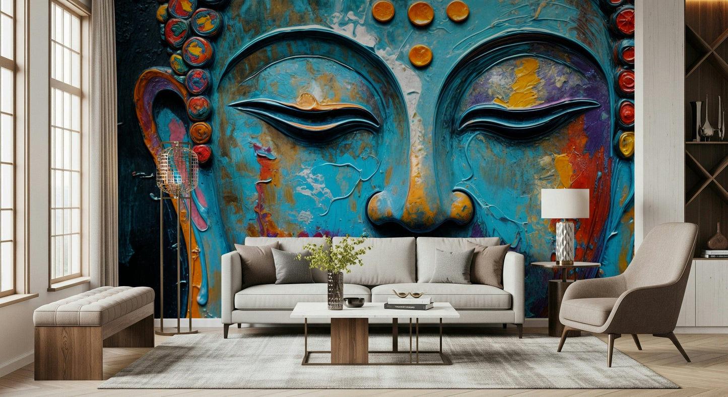 Muted grey Buddha face mural in a contemporary apartment living room.