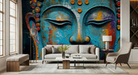 Muted grey Buddha face mural in a contemporary apartment living room.