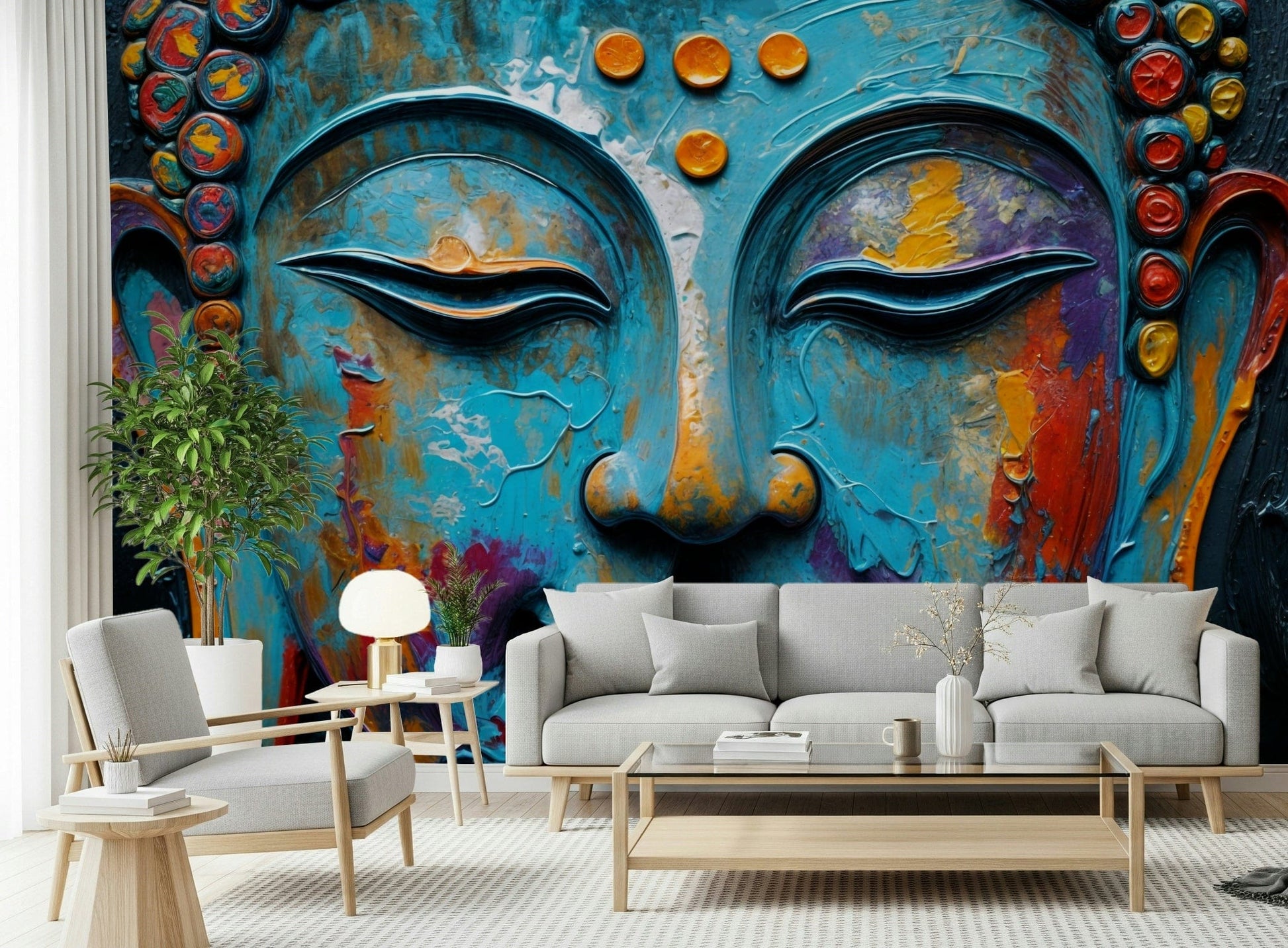 Zenith Buddha Wall Mural featuring a stone statue in a modern apartment yoga room.