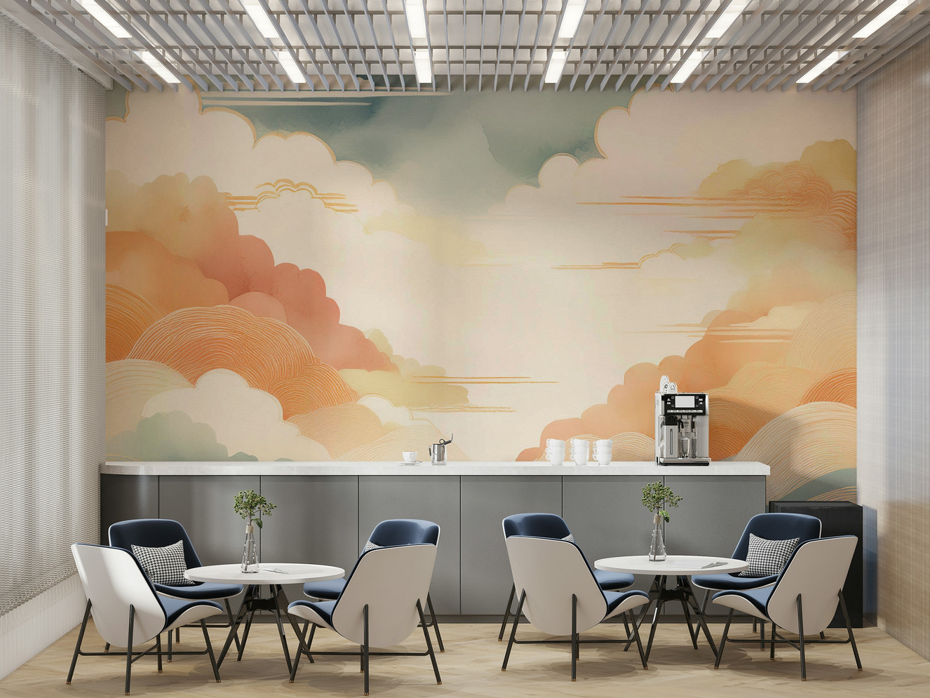 Soft gradient cloud wallpaper for a modern bedroom with natural light