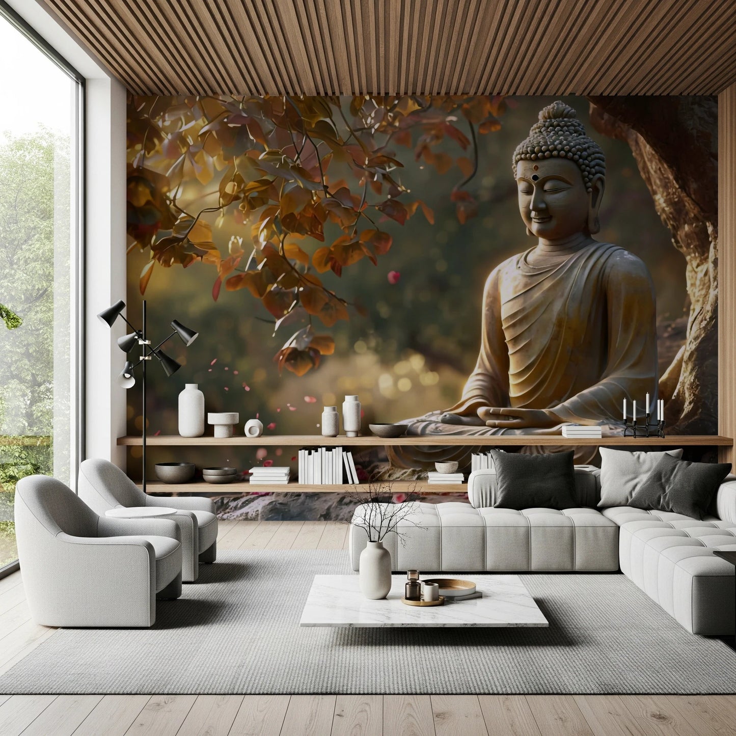 Zen Garden Buddha wallpaper mural behind a grey sectional and swivel chairs in a wood-ceiling living room