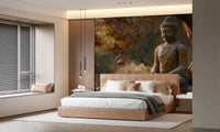 Zen Garden Buddha wallpaper mural behind a camel upholstered bed with pink and white pillows in a bedroom