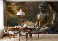 Zen Garden Buddha wallpaper mural behind a wood dining table and grey chairs under a white pendant lamp