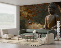 Zen Garden Buddha wallpaper mural behind a green sofa and cream lounge chair in a serene living room
