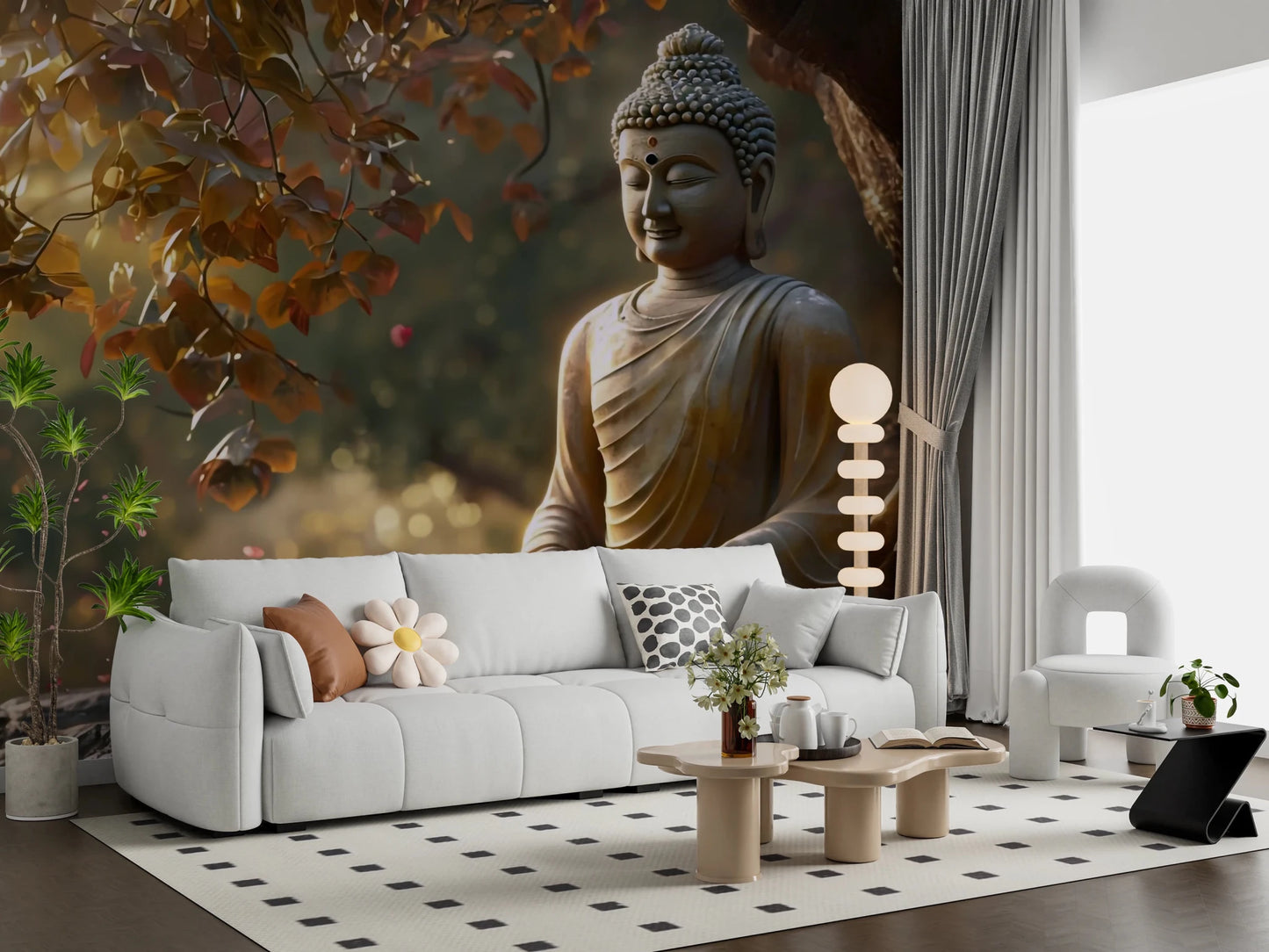 Zen Garden Buddha wallpaper mural behind a white boucle sofa with daisy pillows and cloud tables
