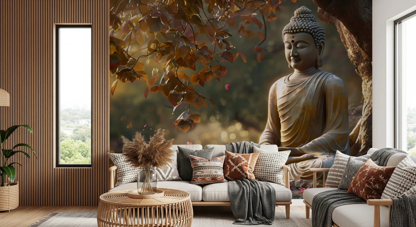 Zen Garden Buddha wallpaper mural behind a white sofa with boho pillows and a rattan coffee table