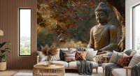 Zen Garden Buddha wallpaper mural behind a white sofa with boho pillows and a rattan coffee table
