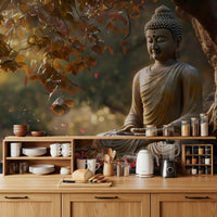 Zen Garden Buddha wallpaper mural behind a wood kitchen counter with dishes, kettle and spice jars