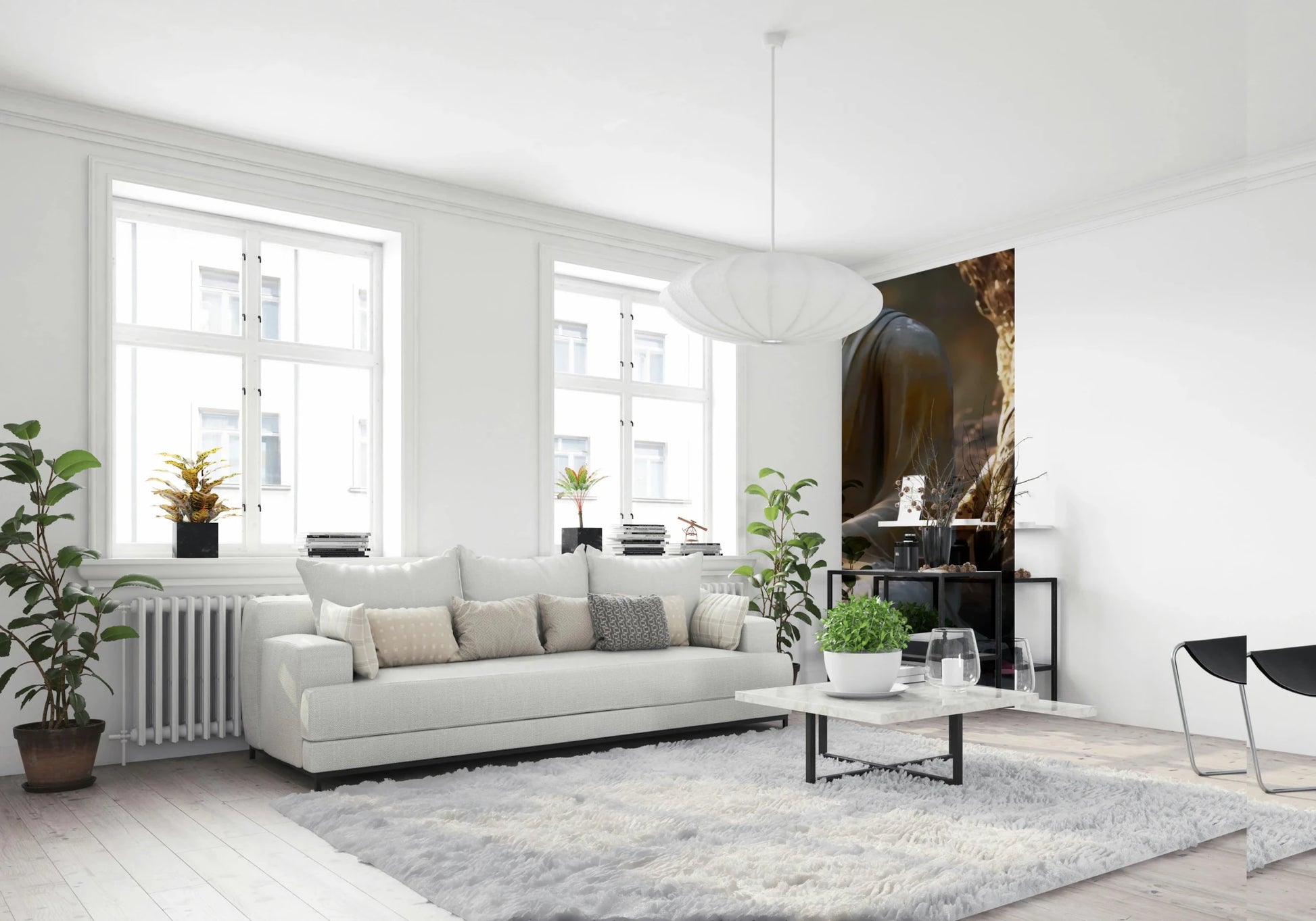 Zen Garden Buddha wallpaper mural as a narrow accent panel beside a white sofa in a bright living room