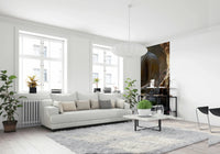 Zen Garden Buddha wallpaper mural as a narrow accent panel beside a white sofa in a bright living room