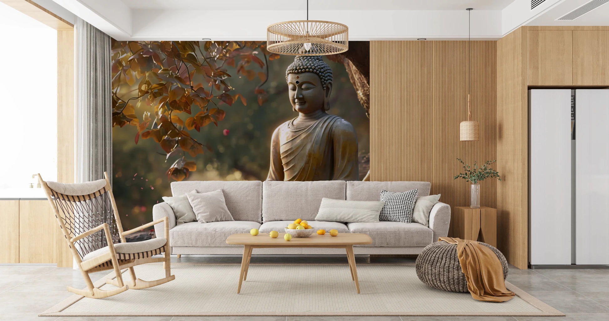Zen Garden Buddha wallpaper mural behind a beige sofa and woven rocking chair in a living room