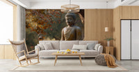 Zen Garden Buddha wallpaper mural behind a beige sofa and woven rocking chair in a living room