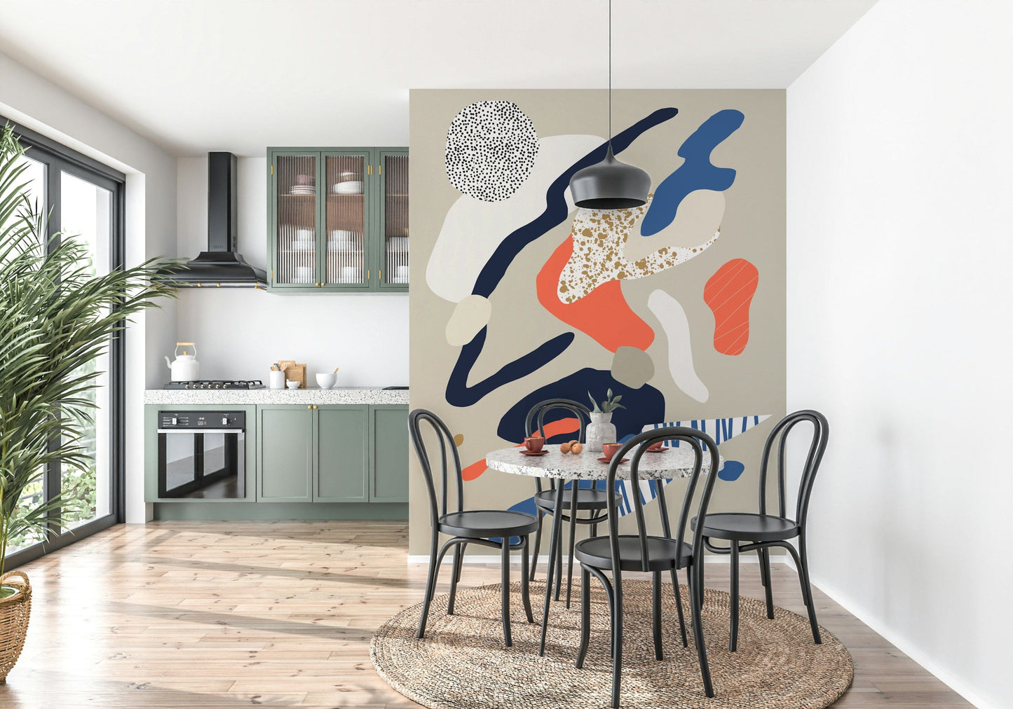An artistic minimalist form mural for home decor.