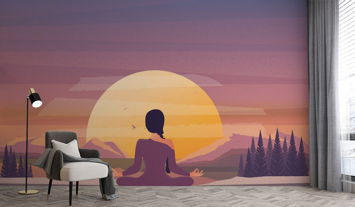 Meditation Sun Motif wallpaper mural shown as a full feature wall that highlights the design