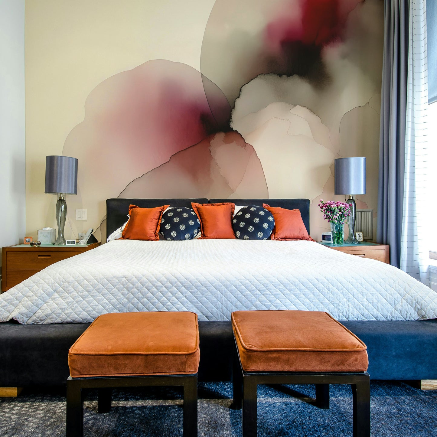 Atmospheric forest mural in a mid-century modern living room