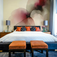 Atmospheric forest mural in a mid-century modern living room