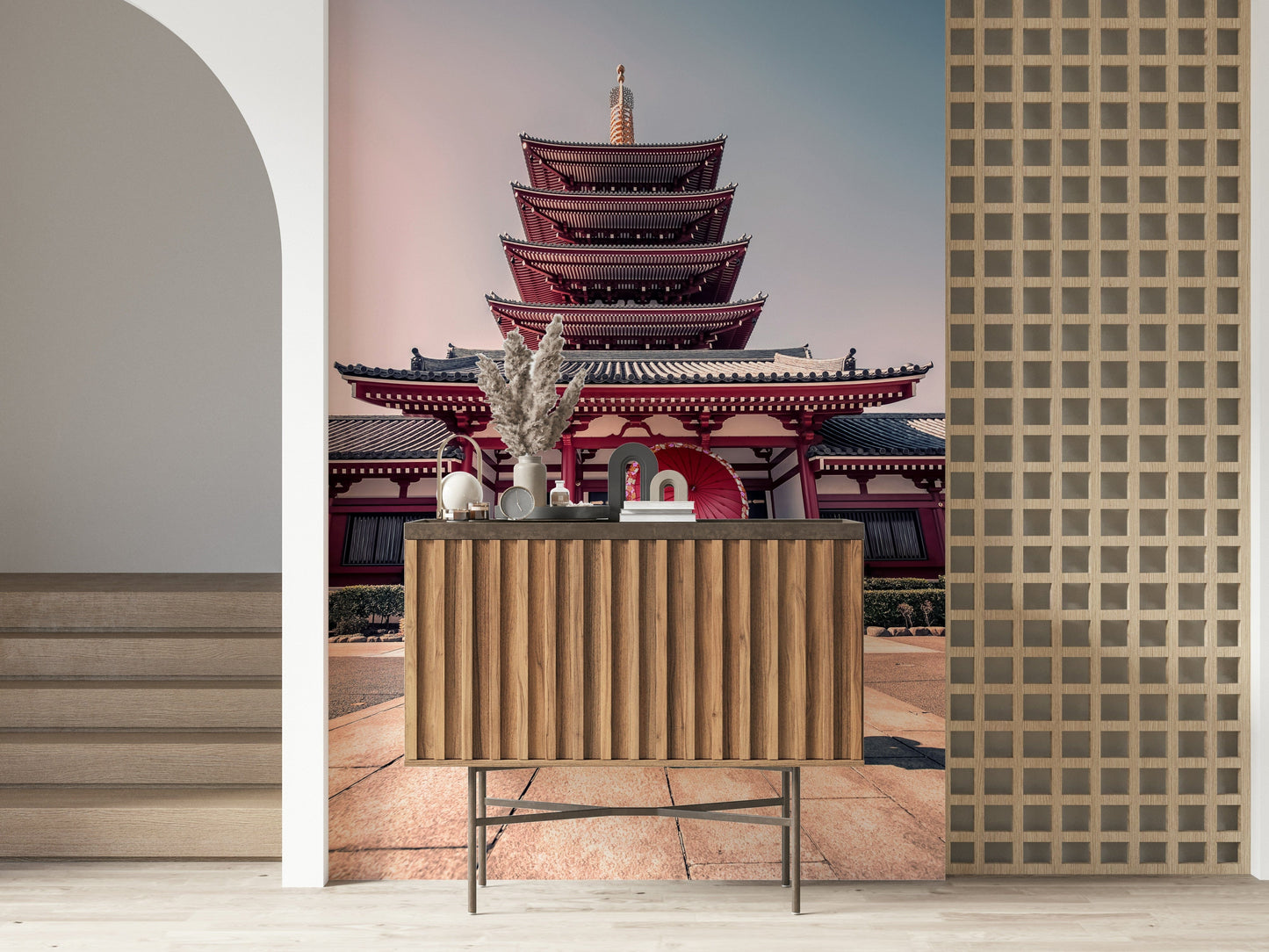 Asian pagoda scene Zen Temple View wallcovering mural.
