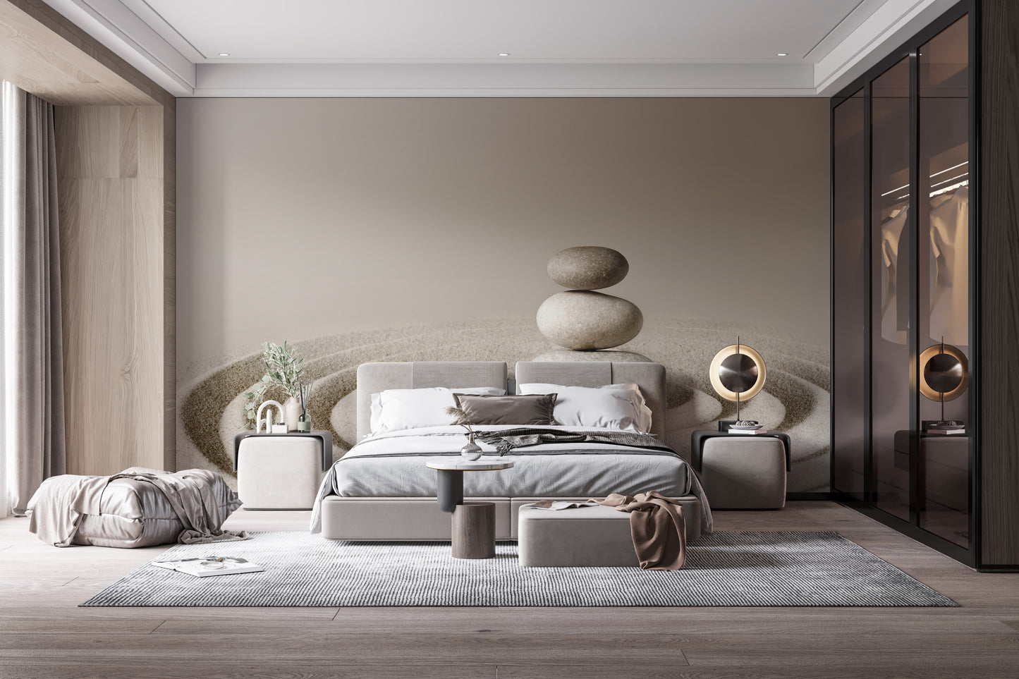 Zen Meditative Spa Stone wallpaper mural styled along a hallway feature wall near a console in beige tones