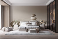 Zen Meditative Spa Stone wallpaper mural styled along a hallway feature wall near a console in beige tones