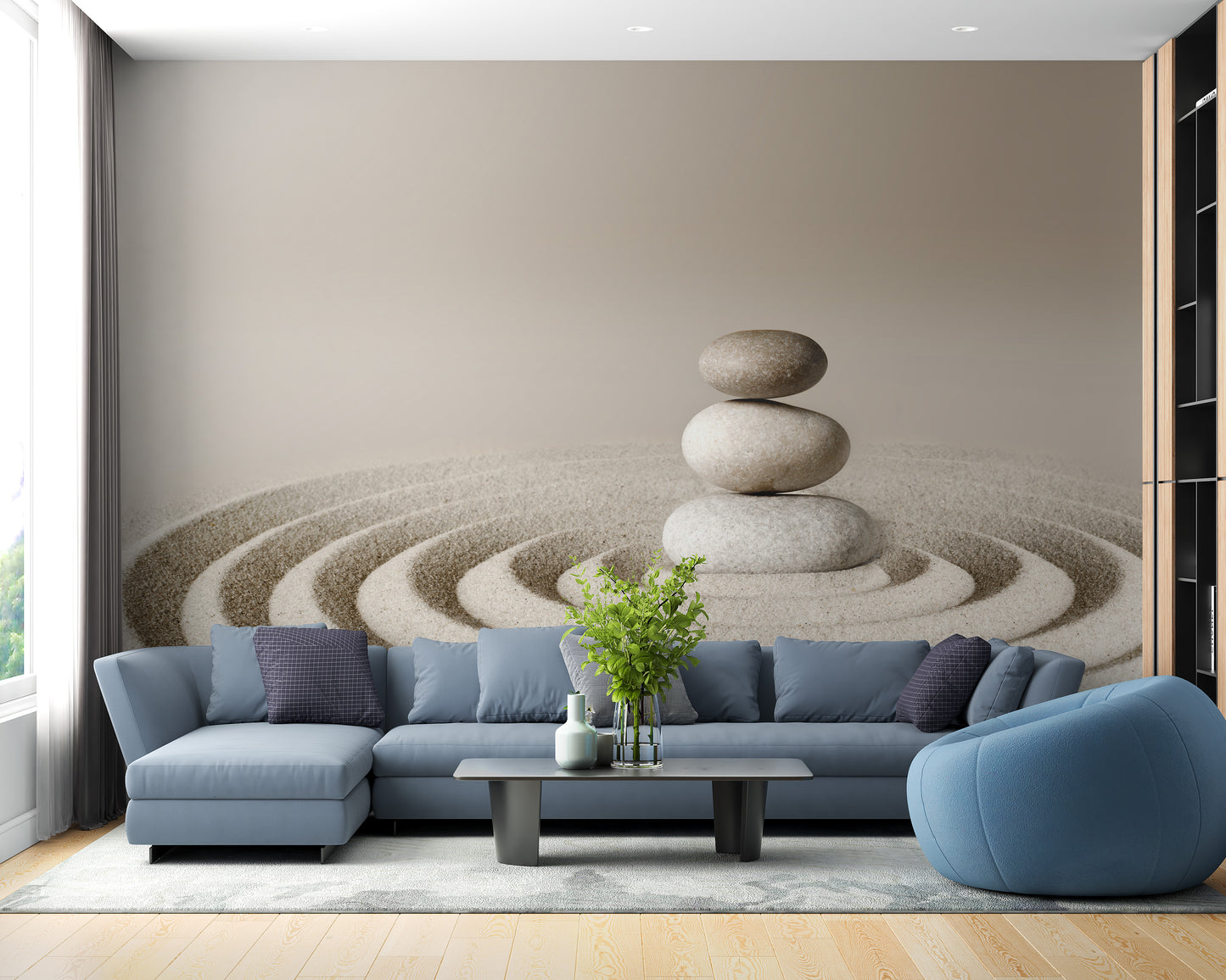 Zen Meditative Spa Stone wallpaper mural as a feature wall in a home office workspace in beige tones