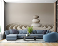Zen Meditative Spa Stone wallpaper mural as a feature wall in a home office workspace in beige tones