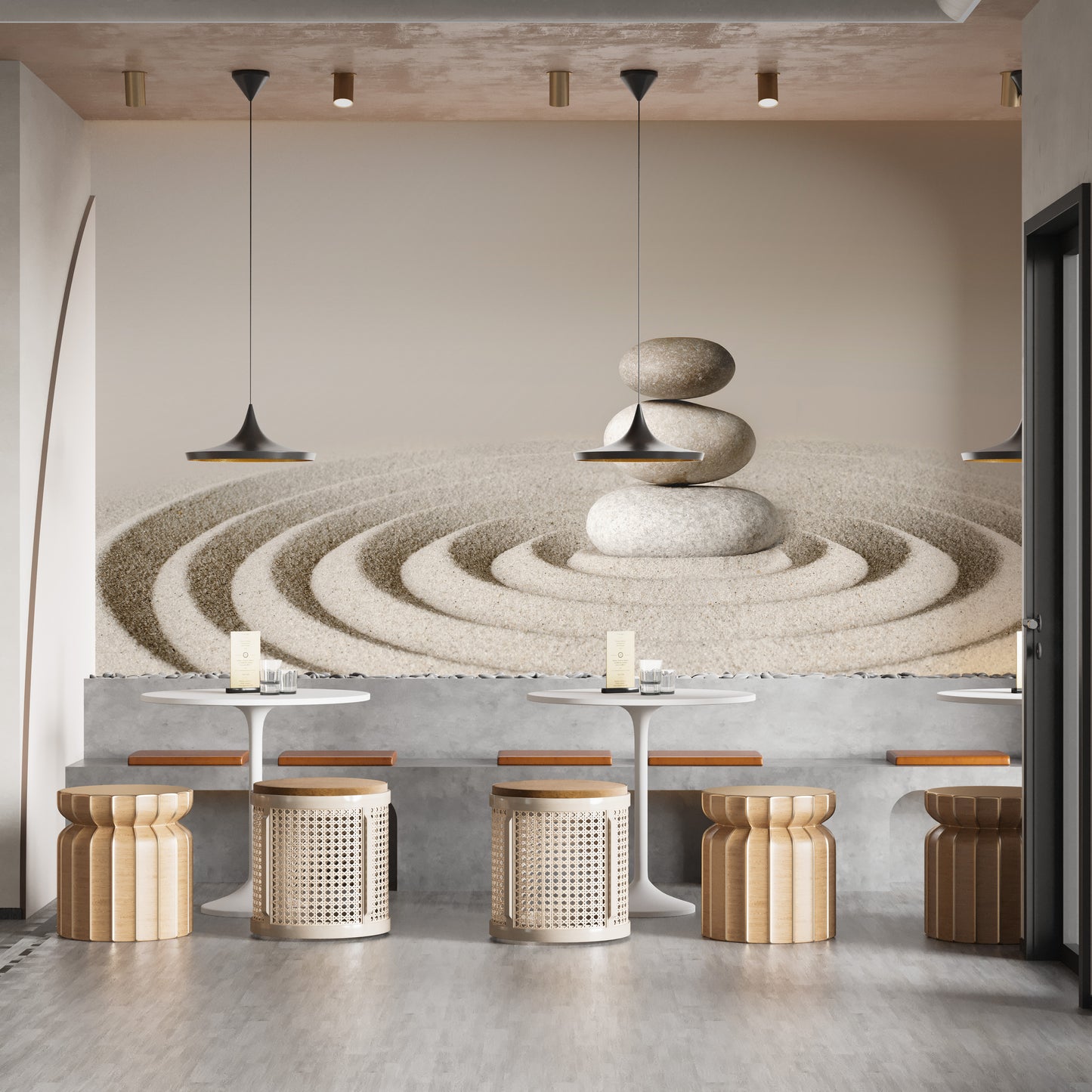 Zen Meditative Spa Stone wallpaper mural styled as a feature wall behind a dining table and chairs in beige tones