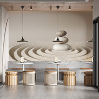 Zen Meditative Spa Stone wallpaper mural styled as a feature wall behind a dining table and chairs in beige tones