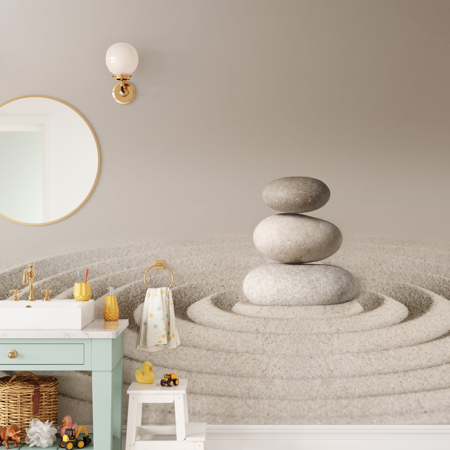 Zen Meditative Spa Stone wallpaper mural as a bedroom feature wall behind the headboard in beige tones