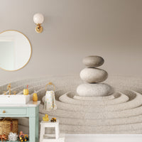 Zen Meditative Spa Stone wallpaper mural as a bedroom feature wall behind the headboard in beige tones