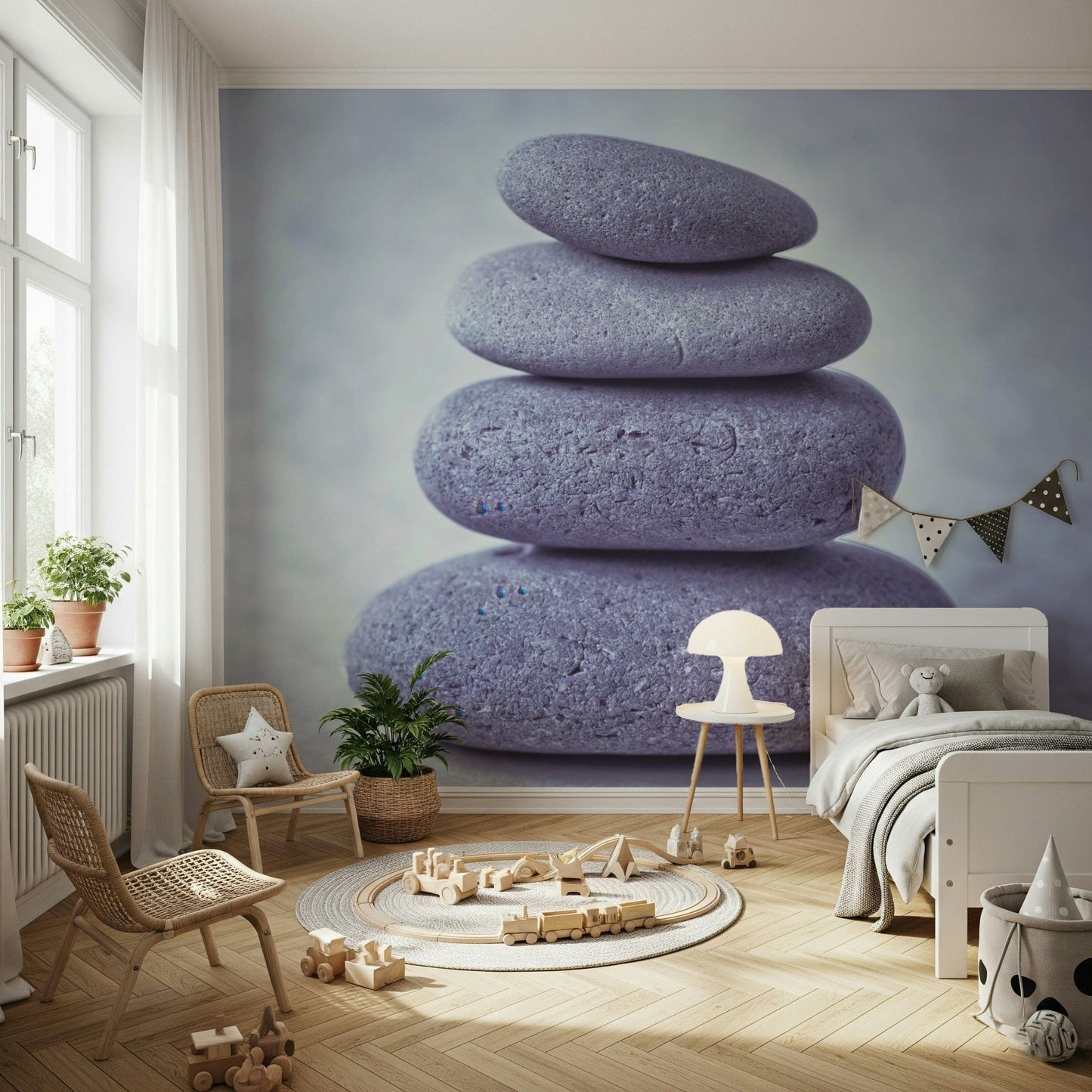 Spa décor Zen rock pile wallpaper elegant simplicity.