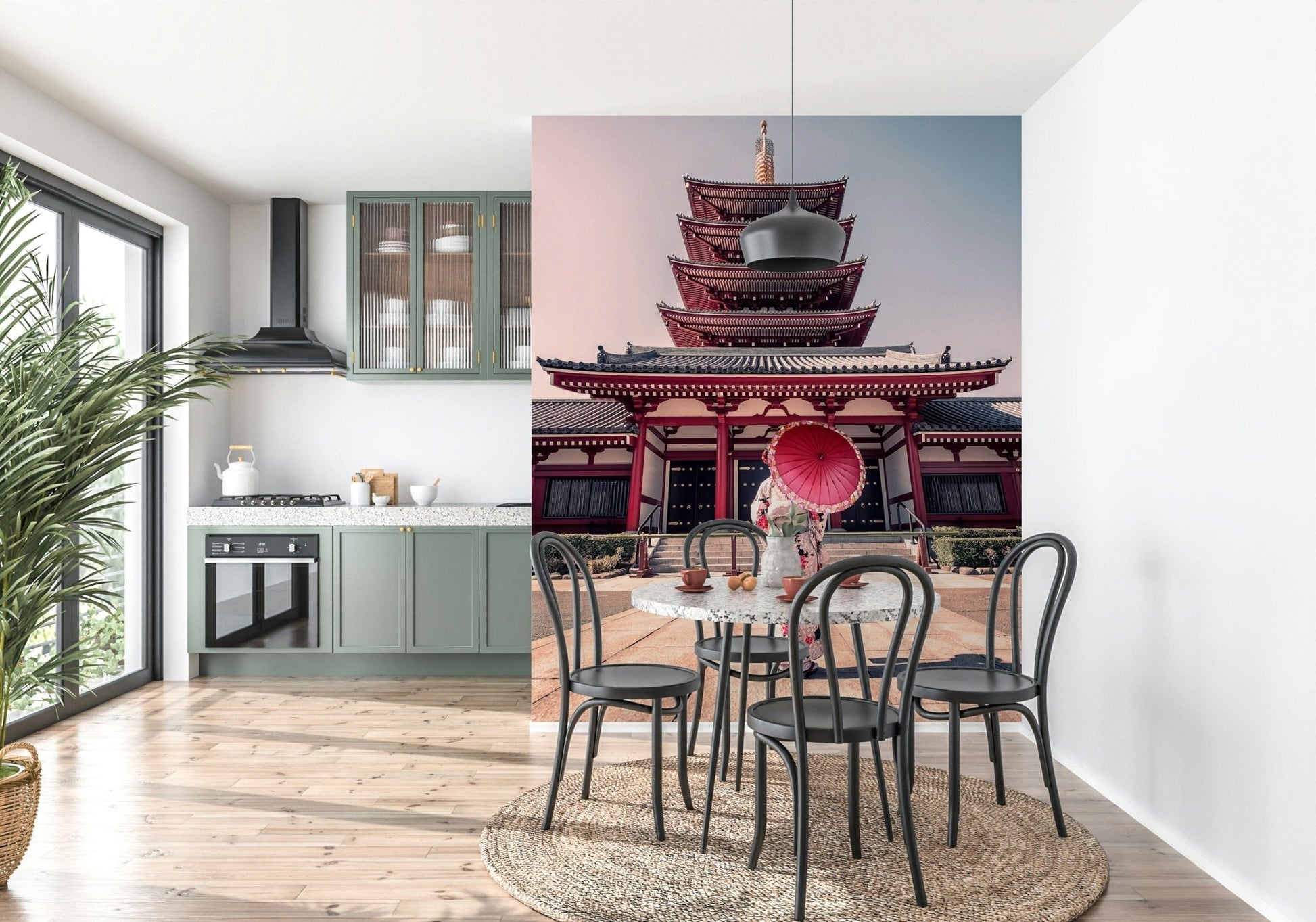 Kimono woman red umbrella Zen Temple View mural background.