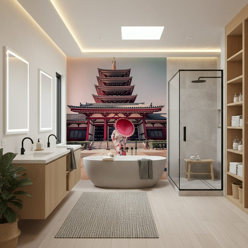 Pagoda tower Zen Temple View wall treatment serene setting.