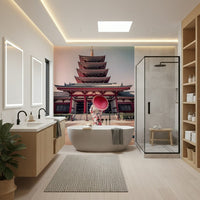 Pagoda tower Zen Temple View wall treatment serene setting.