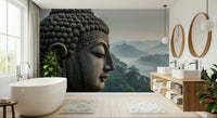 Zenith Buddha Vista Wall Mural installed behind a wooden desk in a home office.