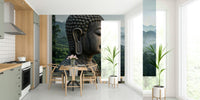 Textured stone effect wall mural used as a backdrop in a contemporary dining area.