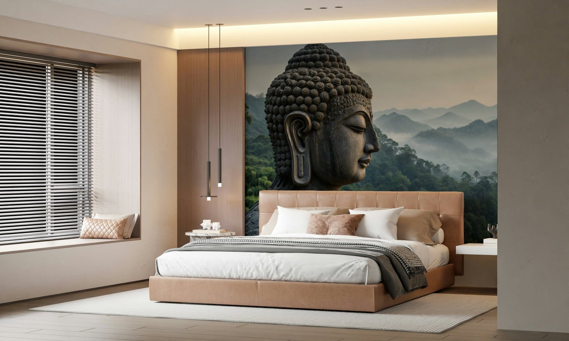 Sophisticated gray and tan wall mural for a mid-century modern living room.
