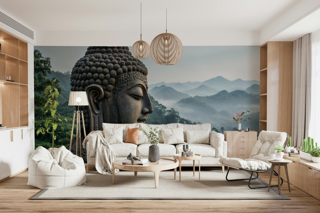 Zenith Buddha Vista Wall Mural in a minimalist modern living room with gray furniture.
