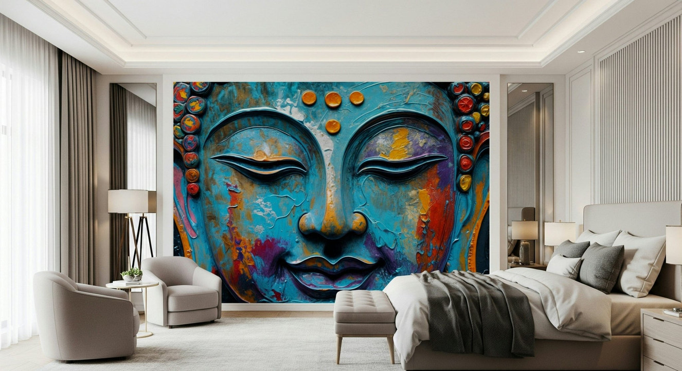 Golden Buddha wall decor for a calm and minimalist bedroom feature wall.