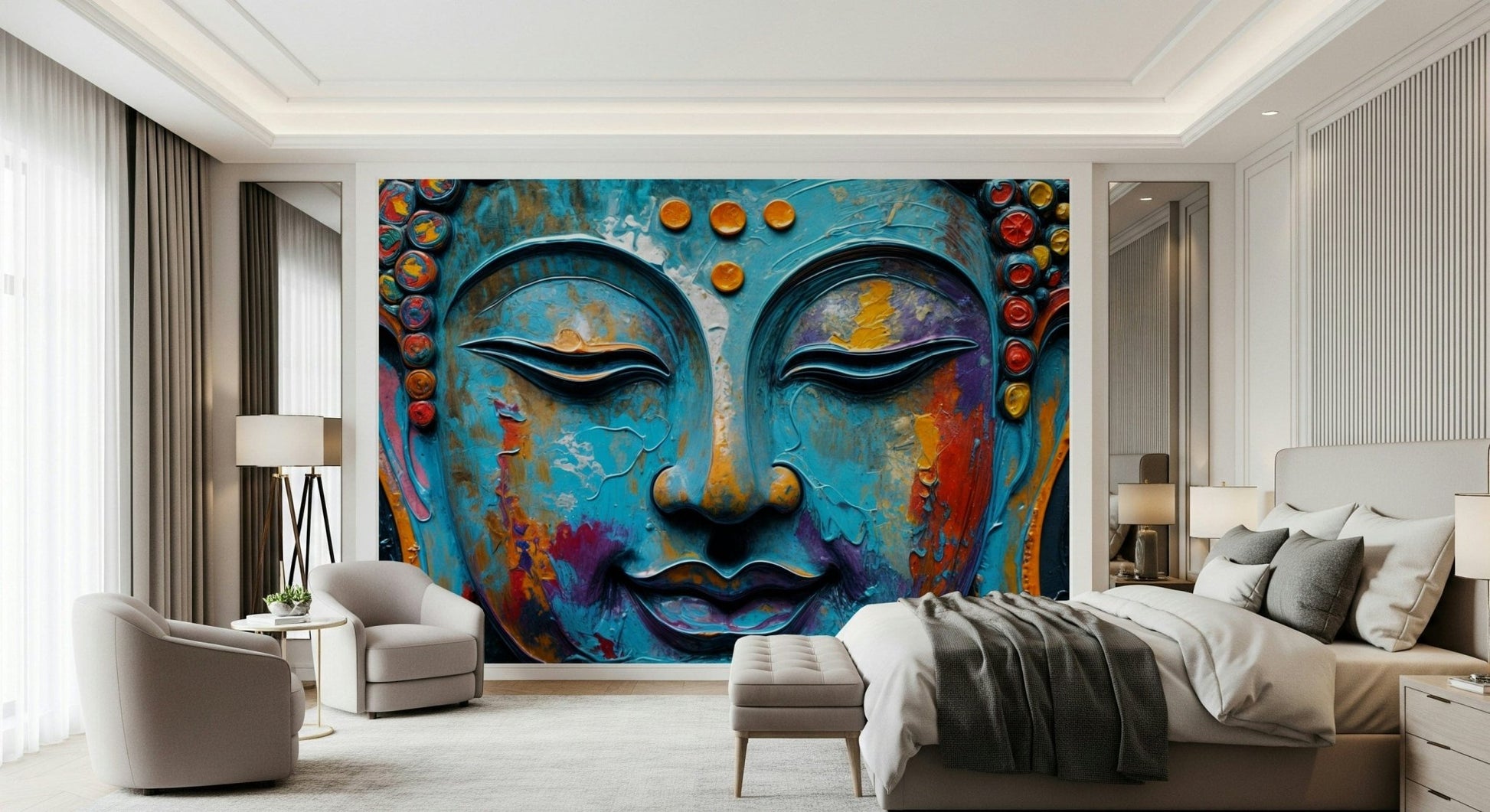 Golden Buddha wall decor for a calm and minimalist bedroom feature wall.