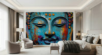 Golden Buddha wall decor for a calm and minimalist bedroom feature wall.