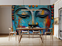 Dark charcoal and gold Buddha wallpaper for a sophisticated dining area.